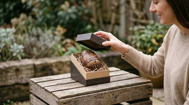 Woman opening a decorative chocolate egg gift box in a garden setting