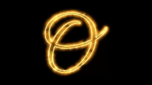 Glowing golden letter o animation, cursive calligraphy with fire effect on black background alphabet