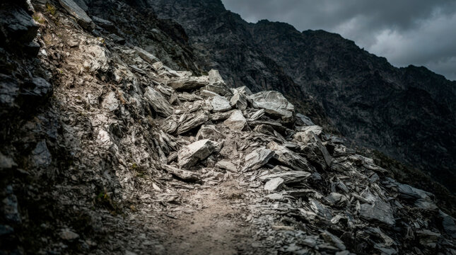 Rocky mountain path with rugged terrain and ominous sky, sunlight shining on stones. Rocky mountain trail showcases rough rocks and winding path leading upwards.