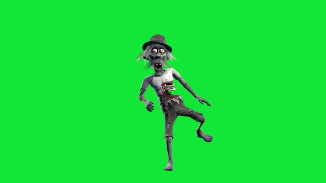 Funny and creepy zombie dancing isolated on a green screen. Halloween 3D animation.