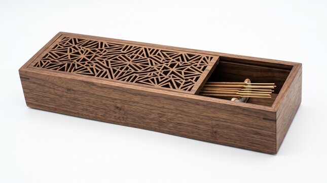Ornate wooden incense burner box with laser cut geometric lid, dark walnut timber storage container, decorative aromatherapy accessory for home spa