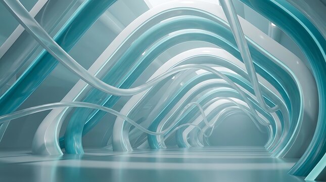 Abstract futuristic tunnel background with glowing light blue and white curved arches