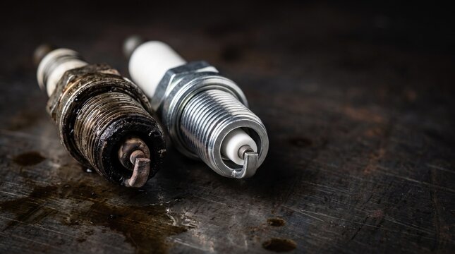 Comparison of an old dirty used spark plug and a brand new clean one on a dark oily metal surface