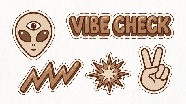 A collection of retro-style stickers featuring an alien, "Vibe Check" text, a peace sign, and abstract shapes in a muted color palette.