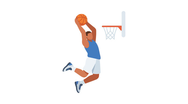 Basketball player dunking toward the hoop flat vector illustration