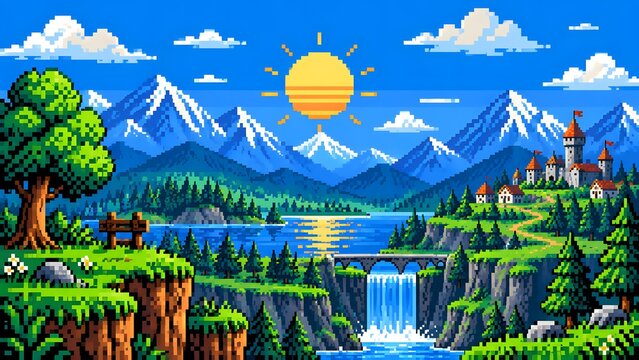 Retro 8-bit pixel art landscape scene with mountains, sun, and pixelated clouds, ideal for gaming and retro design content.
