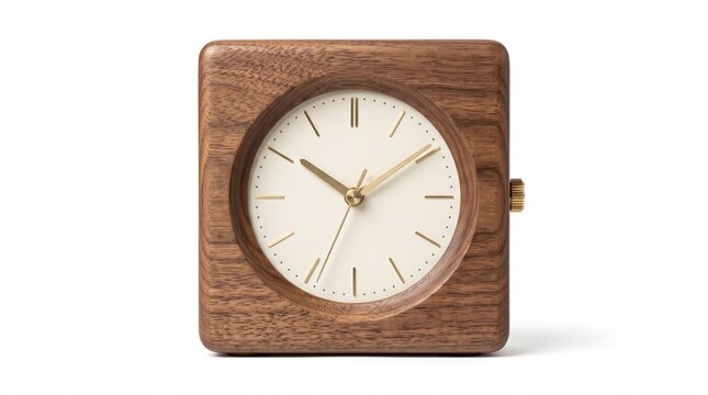 Minimalist square wooden alarm clock, elegant walnut wood desk clock with white face, modern analog timepiece for home office decor
