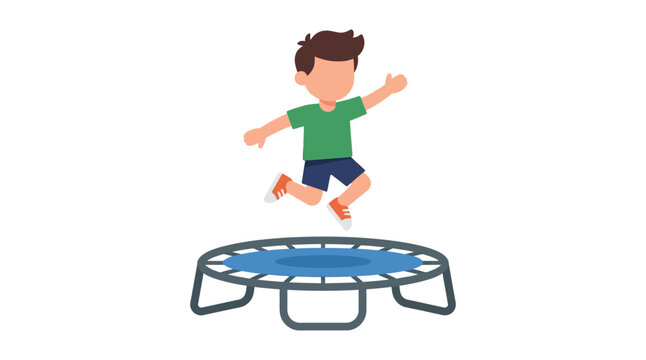 Boy jumping on a trampoline flat vector illustration on white background