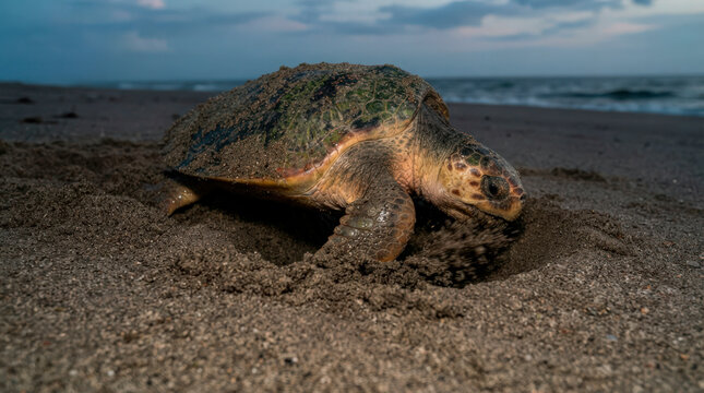 Sea turtle nesting on sandy beach during twilight hours with shoreline in background. Sea turtle engages in nesting behavior, digging in sand, illustrating vital wildlife activity.