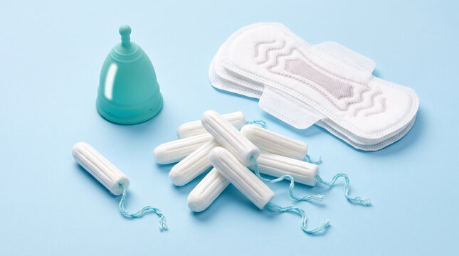 Menstrual cup, tampons, and sanitary pads displayed on a blue background representing feminine hygiene product choices