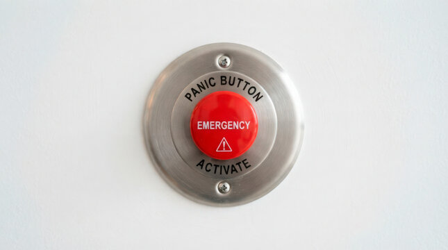 Emergency panic button for security measure, red activate button on metal housing mounted on wall, designed for urgent situations and immediate response. Concept emergency preparedness and safety.