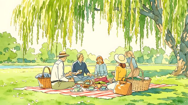 柳の木陰でピクニックを楽しむ家族を描いた水彩イラスト