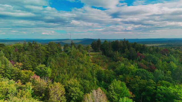 Aerial view of Hogback Mountain Conservation Area with dense forest, rolling hills, distant horizon and cloudy blue sky, representing wilderness and protected nature.