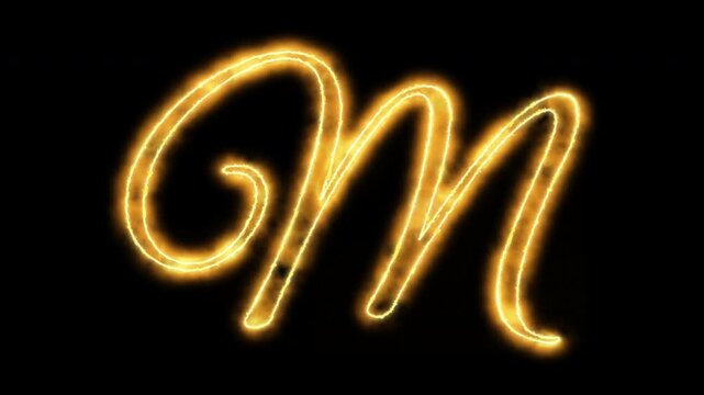 Glowing golden letter m neon script animation on black background, alphabet