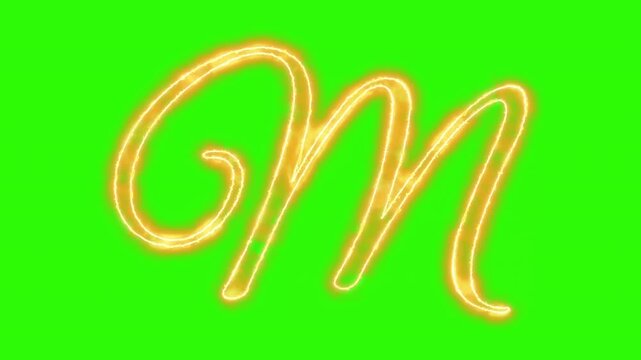 Animated neon letter m glowing script alphabet on green screen chroma key background