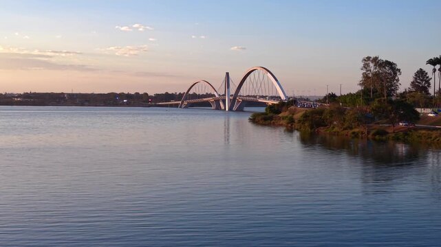 Juscelino Kubitschek Bridge (Ponte JK) from across Lake Paranoa with a Yellow Trumpet Tree (Handroanthus chrysotrichus) in the foreground, Brasilia, Brazil
