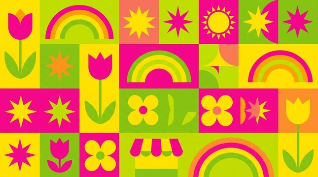 Vibrant pixel art flowers and sun with rainbow