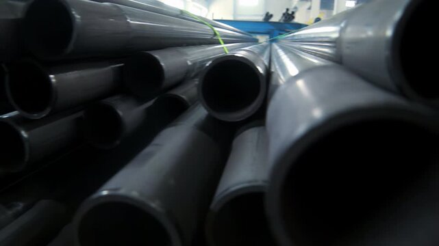 Plastic pipe stack industrial warehouse. Close up camera pan HDPE tube ends.