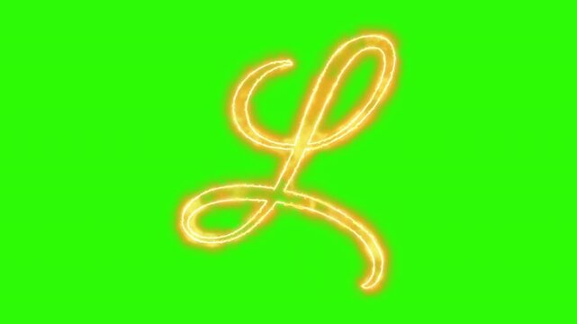 Glowing golden letter l animation on green screen, script calligraphy neon alphabet sign