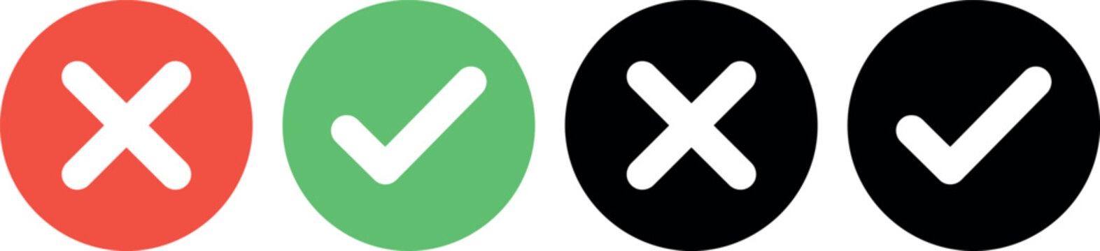 A comprehensive visual representation showcasing four distinct circular icons depicting both positive and negative confirmations utilized for user interface elements and feedback mechanisms