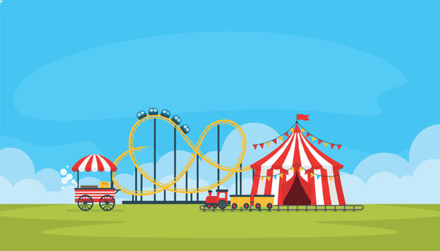 Flat vector illustration of an amusement park featuring a roller coaster, circus tent, and snack cart on green grass.