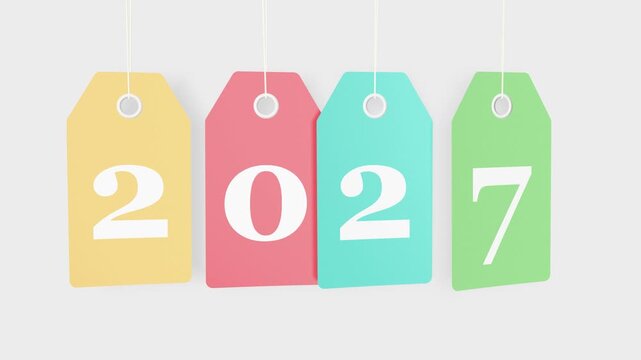 2027 new year colored hanging labels loop animation for sales and discount