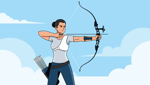 Determined female archer wearing sports clothes aiming with a compound bow against a blue sky with soft white clouds.