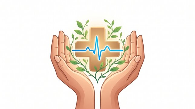 Hands holding heart with plant growth illustration
