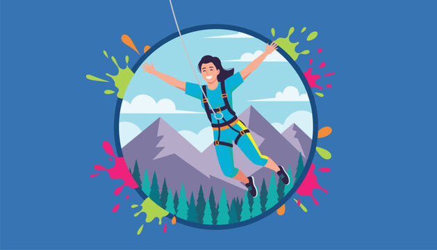 Energetic happy young woman enjoying extreme bungee jumping experience with mountains and forest in the background.