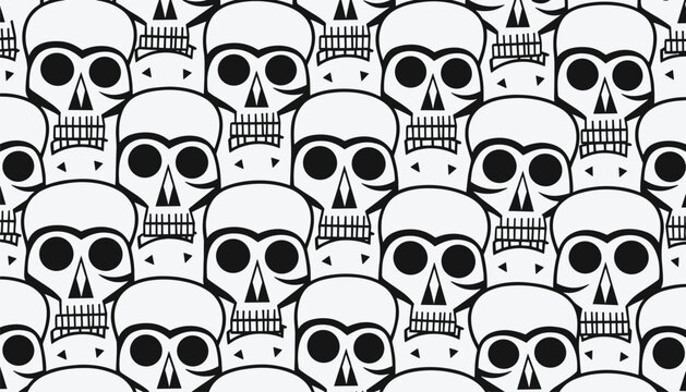 Creative seamless pattern of white human skulls with hand drawn simple black lines on a light grey background.