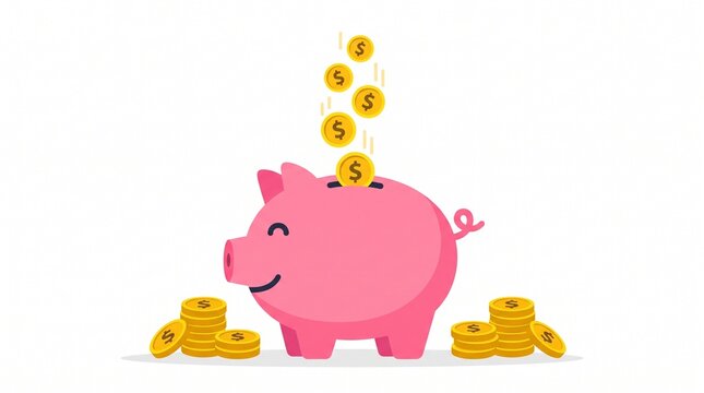 Pink piggy bank collecting gold coins