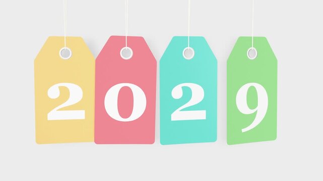 2029 new year colored hanging labels loop animation