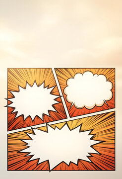 Communication and storytelling concept, comic book page layout with empty speech bubbles and action lines for creative graphic design and marketing