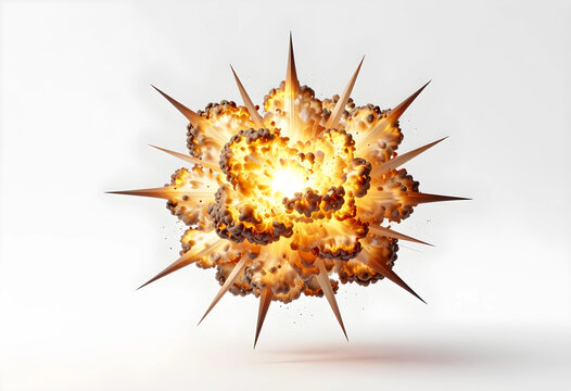 Explosion and destruction concept, fiery blast with orange flames and smoke particles isolated on a clean white background for impact and danger themes