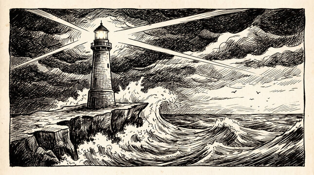 A dramatic ink drawing of a lighthouse on a cliff, guiding ships through a stormy sea with powerful waves and dark clouds.