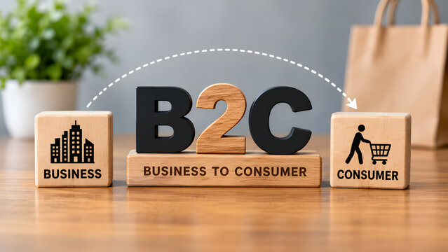 Wooden blocks labeled business and consumer connect through central B2C letters on a table. A dashed curved arrow points toward a shopping bag representing direct commercial retail. Vector sales conce