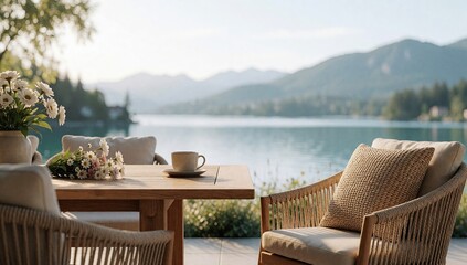 Obraz premium Outdoor terrace table setting with coffee and flowers overlooking lake and mountains, serene summer background for relaxation concept