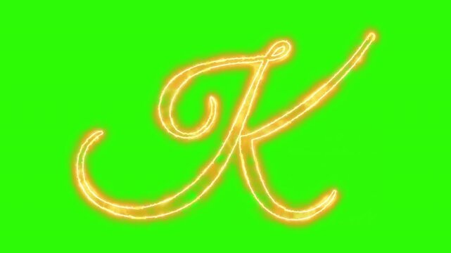 Animated golden letter k calligraphy with glowing neon light effect on green screen alphabet typography