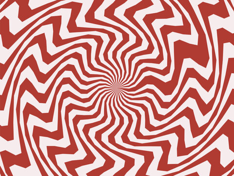 Abstract red white zigzag spiral optical illusion pattern radiating center creating swirling motion depth distortion visual effect