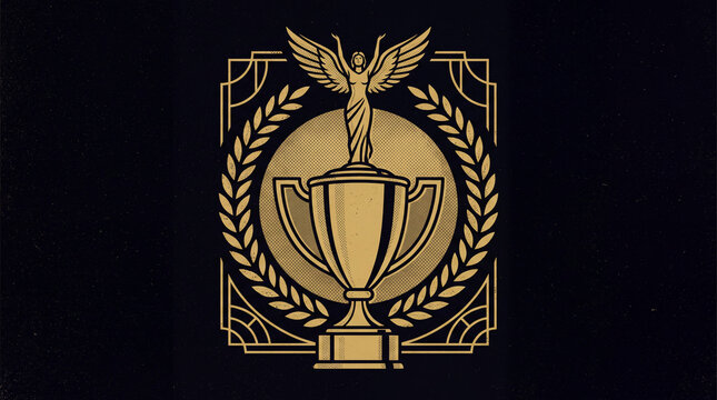 An elegant golden trophy featuring a winged victory sculpture and laurel wreath on a dark background, symbolizing achievement and success.