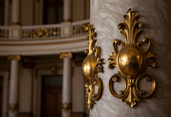 Obraz premium Luxury architecture and classical heritage, ornate gold decorative molding on marble column in historic opera house interior with elegant neoclassical design