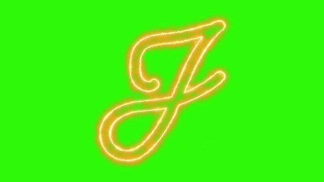 Animated neon letter j glowing script alphabet character on green screen background