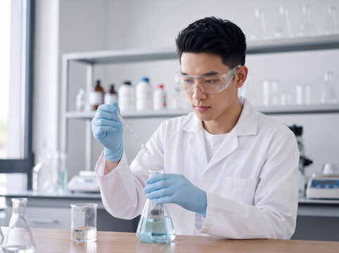 young asian male student wearing safety goggles and lab coat using pipette with erlenmeyer flask in modern chemistry research laboratory