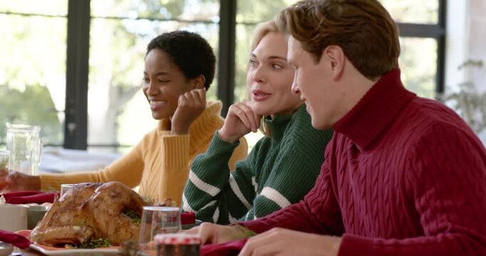 Diverse adult friends smiling and talking at table, turkey sparking chat, sipping glass in sweaters