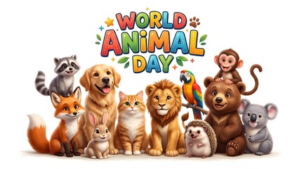 Fototapeta premium World animal day banner with group of diverse cute wildlife and pets