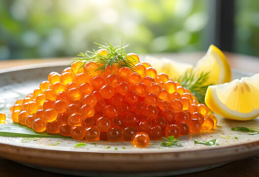Luxury dining and gourmet food, red salmon caviar served on a plate with fresh dill and lemon wedges for fine dining restaurant menu and culinary art