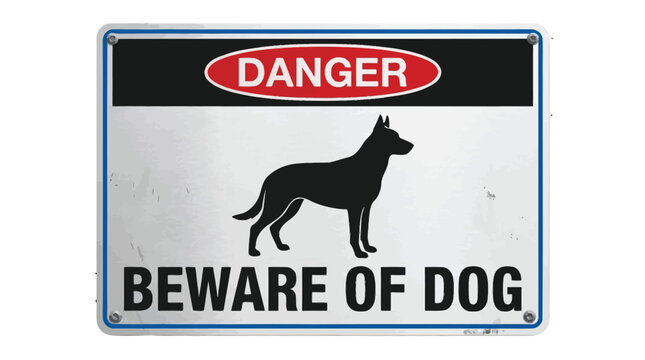 Danger beware of dog warning vector illustration featuring black canine silhouette on a rectangular metal plate
