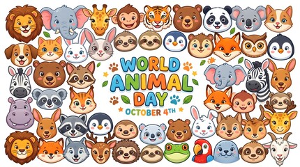 Fototapeta premium World animal day poster with cute cartoon animal character icons