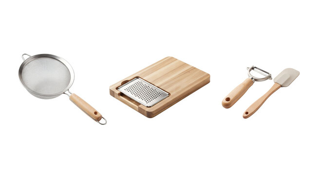 Kitchen utensils set including strainer cheese grater peeler and spatula white background with vegetable peeler, sp white background