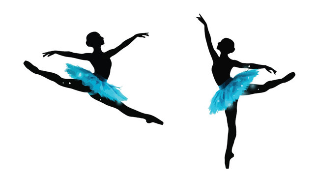 Graceful ballerina silhouettes wearing vibrant blue tutus performing elegant artistic dance moves in digital vector design